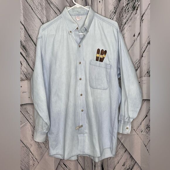 VINTAGE Chambray Shirt w/ embroidered cigars in the pocket M - Picture 1 of 5